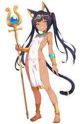 Rule 34 | 1girl, animal ears, cat ears, cat girl, cat tail, dark-skinned female, dark skin, dress, egyptian clothes, highres, holding, holding staff, kamidan, long hair, looking at viewer, original, pelvic curtain, simple background, smile, staff, standing, tail, twintails, white background, white dress