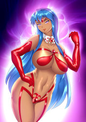 Rule 34 | 1girl, agent aika, aika (series), blue hair, breasts, cleavage, curvy, dark skin, dark-skinned female, earrings, elbow gloves, female focus, gloves, haryudanto, jewelry, large breasts, long hair, navel, panties, purple eyes, red gloves, red lips, revealing clothes, shivie aika, smile, solo, sumeragi aika, thick thighs, thighs, underboob, underwear, wide hips
