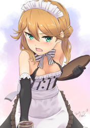 Rule 34 | 1girl, alice gear aegis, alternate costume, apron, bare shoulders, black gloves, blonde hair, blush, bow, breasts, commentary request, elbow gloves, enmaided, errant, gloves, green eyes, hair between eyes, hair over shoulder, highres, holding, holding tray, kotomura akane, maid, maid apron, maid headdress, open mouth, small breasts, solo, tray, waist apron