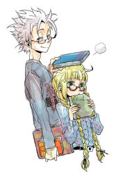 Rule 34 | 1boy, 1girl, alternate hairstyle, blonde hair, book, chimaki (impressiveanarchy), closed mouth, commentary request, glasses, green eyes, hair ornament, long hair, roberto (saga), saga, saga frontier 2, simple background, smile, twintails, virginia knights, white background