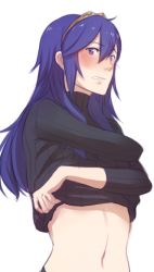Rule 34 | 1girl, blue eyes, blue hair, blush, breasts, clothes lift, fire emblem, fire emblem awakening, long hair, looking at viewer, lucina (fire emblem), matching hair/eyes, midriff, navel, nintendo, ribbed sweater, shirt lift, solo, sweater, tiara, turtleneck, tusia, undressing, white background