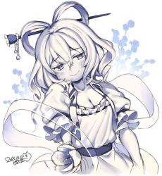 Rule 34 | 1girl, artist name, blush, breasts, cleavage, closed mouth, collarbone, dated, flower, hair between eyes, hair ornament, hair rings, hairpin, head tilt, iroyopon, kaku seiga, large breasts, looking at viewer, monochrome, puffy short sleeves, puffy sleeves, ringlets, short hair, short sleeves, signature, simple background, smile, solo, touhou, upper body, white background