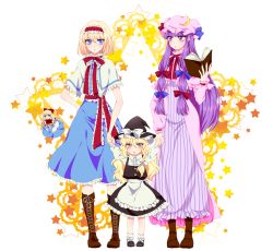 Rule 34 | 3girls, aged down, alice margatroid, apron, arms up, bad id, bad pixiv id, blonde hair, blue dress, blue eyes, book, boots, bow, braid, brown footwear, capelet, crescent, cross-laced footwear, doll, dress, eye contact, full body, hair bow, hair ornament, hair ribbon, hairband, hat, hat bow, hat ribbon, holding hands, kirisame marisa, knee boots, lace-up boots, long hair, long sleeves, looking at another, maruta (shummylass), mob cap, multiple girls, open book, patchouli knowledge, puffy sleeves, purple eyes, purple hair, ribbon, sash, shanghai doll, shirt, shoes, short hair, side braid, single braid, skirt, skirt set, socks, star (symbol), striped clothes, striped dress, touhou, vest, waist apron, white legwear, witch hat, yellow eyes