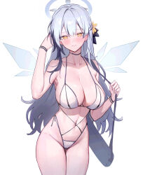 Rule 34 | 1girl, absurdres, armpits, bag, bare arms, bare shoulders, bikini, black choker, black hair, blush, braid, breasts, choker, cleavage, closed mouth, collarbone, commission, cowboy shot, crystal wings, groin, hair ornament, halo, halterneck, hands up, highleg, highleg bikini, highres, large breasts, long hair, looking at viewer, lysh, multi-strapped bikini bottom, multicolored hair, navel, original, pixiv commission, shoulder bag, side-tie bikini bottom, smile, solo, standing, stomach, streaked hair, string bikini, swimsuit, symbol-shaped pupils, thighs, two-tone hair, very long hair, white bikini, white hair, wristband, yellow eyes