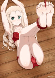 Rule 34 | 1girl, arms up, artist name, ass, bare shoulders, barefoot, bdsm, blonde hair, blush, bound, breasts, closed mouth, feet, girls und panzer, green eyes, inoshira, legs up, long hair, looking at viewer, lying, marie (girls und panzer), medium breasts, on back, solo, thighs, underwear