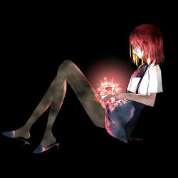 Rule 34 | 1other, androgynous, black background, black footwear, black neckerchief, black shorts, blonde hair, bob cut, closed eyes, colored eyelashes, colored inner hair, floating, from side, full body, gem, gem uniform (houseki no kuni), glowing, hair down, high heels, highres, houseki no kuni, knees up, multicolored hair, neckerchief, other focus, pantyhose, profile, red hair, rutile (houseki no kuni), shirt, short sleeves, shorts, simple background, solo, suspender shorts, suspenders, t claes, two-tone hair, white shirt