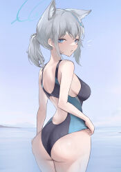 Rule 34 | 1girl, absurdres, animal ear fluff, animal ears, ass, black one-piece swimsuit, blue archive, blue eyes, breasts, competition swimsuit, cross hair ornament, extra ears, from behind, grey hair, hair ornament, halo, highres, looking at viewer, looking back, low ponytail, medium breasts, medium hair, mismatched pupils, multicolored clothes, multicolored swimsuit, official alternate costume, one-piece swimsuit, shiroko (blue archive), shiroko (swimsuit) (blue archive), solo, swimsuit, wolf ears, yokunin tgif
