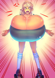 Rule 34 | 1girl, angry, bakki, bike shorts, blonde hair, breast expansion, breasts, cleavage, copyright request, gigantic breasts, gradient background, highres, kneehighs, long hair, open mouth, roller skates, shorts, skates, socks, solo, striped, striped background, taut clothes