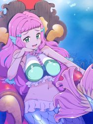 Rule 34 | 1girl, alternate breast size, aqua eyes, bracelet, breasts, chair, commentary request, covered navel, fins, hair ornament, head fins, highres, jewelry, large breasts, laura (precure), long hair, looking at viewer, mermaid, midriff, monster girl, navel, open mouth, pink hair, precure, sitting, smile, solo, thick eyebrows, tropical-rouge! precure, underwater, zootan