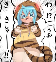 Rule 34 | 1girl, @ @, blue eyes, blue hair, blush, bottomless, brown hoodie, claw pose, commentary request, cowboy shot, crossed bangs, emphasis lines, hair between eyes, hood, hood up, hoodie, kemono friends, lets0020, long bangs, looking at viewer, nose blush, open mouth, partially visible vulva, short hair, snake tail, solo, striped clothes, striped hoodie, striped tail, tail, tail censor, translation request, tsuchinoko (kemono friends), v-shaped eyebrows, white background