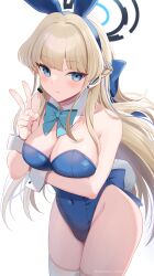 1girl absurdres animal_ears arm_under_breasts blue_archive blue_bow blue_bowtie blue_eyes blue_leotard blush bow bowtie breasts cleavage fake_animal_ears fake_tail halo highres large_breasts leotard long_hair looking_at_viewer natsume_(natsume_melio) playboy_bunny rabbit_ears rabbit_tail simple_background solo tail thighhighs toki_(blue_archive) toki_(bunny)_(blue_archive) v white_background white_thighhighs wrist_cuffs