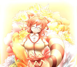 Rule 34 | 1girl, ^ ^, animal ears, arms behind back, breasts, brown hair, closed eyes, dress shirt, closed eyes, female focus, flower, futatsuiwa mamizou, glasses, leaf, leaf on head, object on head, pince-nez, raccoon ears, raccoon tail, shirt, short hair, smile, solo, tail, taut clothes, taut shirt, touhou, yanmarson