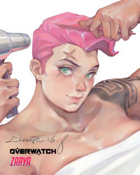 Rule 34 | 1girl, change (437483723), close-up, comb, green eyes, hair dryer, highres, muscular, muscular female, overwatch, overwatch 1, pink hair, signature, simple background, solo, towel, white background, zarya (overwatch)