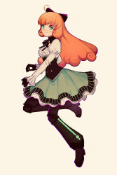 Rule 34 | 1girl, alternate hair length, alternate hairstyle, android, boots, bow, gloves, green eyes, joints, long hair, orange hair, penny polendina, ribbon, robot joints, rwby, skirt, spoilers, thigh boots, thighhighs