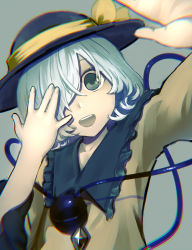 Rule 34 | 1girl, :d, black hat, blouse, bow, buttons, chromatic aberration, commentary, diamond button, eyebrows hidden by hair, fingernails, frilled shirt collar, frilled sleeves, frills, green eyes, green hair, hair over one eye, hands up, hat, hat bow, head tilt, highres, komeiji koishi, long sleeves, looking at viewer, medium hair, nurupo (abooon), one eye covered, open mouth, shirt, smile, teeth, third eye, touhou, upper body, upper teeth only, yellow bow, yellow shirt, ||/