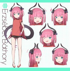 Rule 34 | 1girl, ^ ^, absurdres, asymmetrical horns, blue eyes, closed eyes, corset, curled horns, dragon girl, dragon horns, dragon tail, dress, dress flower, elizabeth bathory (fate), elizabeth bathory (fate/extra ccc), expressions, fate/grand order, fate (series), hat, highres, horns, idol, long hair, multiple views, pink hair, plaid, plaid skirt, pointy ears, sarkany csont landzsa, skirt, striped clothes, striped dress, striped headwear, tail, uneven horns, vertical-striped clothes, vertical-striped dress, vertical-striped headwear, vertical-stripes, yomogi uehara