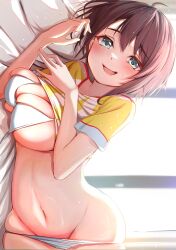 Rule 34 | 1girl, :d, aqua eyes, black hair, blush, bra, breast press, breasts, cleavage, clothes lift, commentary request, highres, hololive, indoors, large breasts, looking at viewer, lying, navel, nojikorirakkusu, on bed, on side, oozora subaru, oozora subaru (1st costume), open mouth, panties, panty pull, shirt, shirt lift, short hair, smile, solo, stomach, underwear, virtual youtuber, waking up, white bra, white panties, yellow shirt