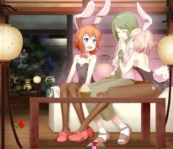 Rule 34 | 3girls, animal ears, arm around waist, arm grab, arm support, back, bare back, bare shoulders, bed, black eyes, blonde hair, blue eyes, blush, bow, bowtie, cake, detached collar, closed eyes, fake animal ears, female focus, flat chest, flower, flower jar, food, glenn (600224), green hair, hair ornament, hairclip, happy, high heels, highres, hug, jar, laughing, leotard, long hair, looking at another, mochi, multiple girls, night, open mouth, orange hair, original, own hands together, pantyhose, playboy bunny, rabbit ears, rabbit tail, sandals, shoes, short hair, sitting, smile, socks, sparkle, table, tail, wagashi, window, wrist cuffs, yuri