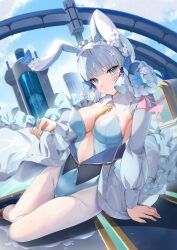 Rule 34 | 1girl, animal ears, ayaka (genshin impact), blue dress, blue eyes, blue hair, blue sky, blush, breasts, cleavage, clothes lift, commentary, detached sleeves, dress, dress lift, embarrassed, flower, full body, genshin impact, hair flower, hair ornament, hand on ground, highres, hino kagutsuki, kneeling, large breasts, leotard, long sleeves, looking at viewer, outdoors, pantyhose, playboy bunny, rabbit ears, ship, sky, solo, watercraft, wet, wet clothes, white pantyhose