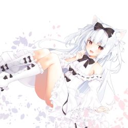 Rule 34 | 1girl, :d, animal ears, azur lane, bad id, bad pixiv id, bare shoulders, boots, brown eyes, cat ears, center frills, commentary request, dress, dutch angle, fang, frilled boots, frilled dress, frills, juliet sleeves, kanora, knee boots, long hair, long sleeves, looking at viewer, off-shoulder dress, off shoulder, open mouth, puffy sleeves, shirt, silver hair, sitting, sleeves past wrists, smile, solo, very long hair, white background, white dress, white legwear, white shirt, white theme, wide sleeves, yukikaze (azur lane), yukikaze (sovereign of the swing) (azur lane)