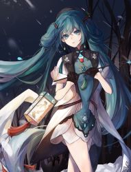 Rule 34 | 1girl, absurdres, alternate hairstyle, aqua eyes, aqua hair, dress, gloves, hair rings, hands up, hatsune miku, highres, holding, holding lantern, lan su, lantern, long hair, miku with you (vocaloid), outdoors, parted lips, short sleeves, snowing, solo, twintails, vocaloid