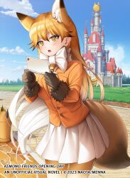 Rule 34 | 1girl, animal ears, blazer, bow, bowtie, copyright notice, extra ears, ezo red fox (kemono friends), fox ears, fox girl, fox tail, gloves, jacket, kemono friends, kemono friends opening day, long hair, looking at viewer, menna (0012), necktie, orange hair, pantyhose, playing games, second-party source, shirt, skirt, solo, tail, yellow eyes