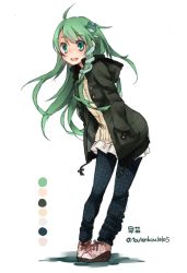 Rule 34 | 1girl, alternate costume, bent over, coat, color guide, contemporary, frog hair ornament, full body, green eyes, green hair, hair ornament, hands in pockets, hood, kochiya sanae, long hair, long sleeves, matching hair/eyes, open mouth, pants, plaid, plaid pants, shirt, shoes, simple background, smile, snake hair ornament, sneakers, solo, touhou, toutenkou, twitter username, white background