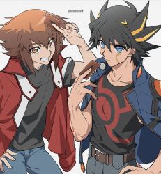 Rule 34 | 2boys, black hair, black shirt, blonde hair, blue eyes, brown eyes, card, denim, duel academy uniform (yu-gi-oh! gx), facial mark, feet out of frame, fudo yusei, hair between eyes, holding, holding card, jacket, jacket on shoulders, jeans, light blush, light smile, looking at viewer, lunapont, male focus, multicolored hair, multiple boys, pants, red jacket, shirt, smile, spiked hair, streaked hair, two-tone hair, yu-gi-oh!, yu-gi-oh! 5d&#039;s, yu-gi-oh! gx, yuki judai