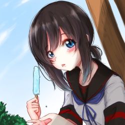 Rule 34 | 1girl, anchor symbol, black hair, black sailor collar, blue eyes, blue sky, cloud, commentary request, day, food, fubuki (kancolle), fubuki kai ni (kancolle), kantai collection, looking at viewer, low ponytail, na-code (gurich), outdoors, ponytail, popsicle, sailor collar, school uniform, serafuku, short ponytail, sidelocks, sky, solo, tongue, tongue out, upper body