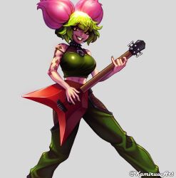 Rule 34 | 1girl, abs, absurdres, arm tattoo, artist name, bud, collar, crop top, cropped shirt, electric guitar, flower, green hair, green pants, grey background, grin, guitar, hair between eyes, hair flower, hair ornament, highres, humanization, instrument, kamiruu, leaf tattoo, midriff, monster girl, music, original, pants, plant girl, plantera, playing instrument, shoulder tattoo, simple background, smile, solo, spiked collar, spikes, tattoo, terraria, the axe (terraria), yellow eyes