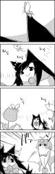 Rule 34 | 4koma, ^^^, afterimage, animal ears, antennae, brooch, bug, butterfly, butterfly on head, butterfly wings, comic, commentary request, crossed arms, crossed legs, day, emphasis lines, eternity larva, flower, greyscale, highres, imaizumi kagerou, insect, insect wings, jewelry, long hair, looking at another, looking back, looking to the side, monochrome, motion lines, outdoors, shaded face, shawl, short hair, sitting, smile, standing, surprised, tail, tail wagging, tani takeshi, touhou, translation request, tulip, wings, wolf ears, wolf tail, yukkuri shiteitte ne
