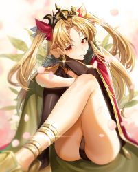 Rule 34 | 1girl, asymmetrical legwear, asymmetrical sleeves, black panties, black sleeves, black thighhighs, blonde hair, blurry, blurry background, blurry foreground, boba, bow, cape, closed mouth, diadem, earrings, ereshkigal (fate), fate/grand order, fate (series), hair bow, hair intakes, highres, hugging own legs, jewelry, long hair, long sleeves, looking at viewer, panties, red bow, red cape, red eyes, single sleeve, single thighhigh, sitting, smile, solo, sparkle, thighhighs, twintails, two side up, underwear, uneven legwear, uneven sleeves, very long hair, white background