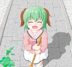 Rule 34 | 1girl, ^ ^, animal ears, bamboo broom, blush, bobby socks, broom, closed eyes, commentary request, day, closed eyes, facing viewer, fang, feet out of frame, from above, green hair, hair between eyes, highres, holding, holding broom, hoya (bismuth83), kasodani kyouko, leaf, long sleeves, open mouth, outdoors, pink shirt, sett, shadow, shirt, short hair, skirt, smile, socks, solo, touhou, undershirt, walkway, white skirt, white socks