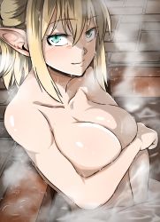 Rule 34 | 1girl, absurdres, bath, bathing, blonde hair, blush, breasts, brick floor, cleavage, closed mouth, commentary request, completely nude, covering privates, covering breasts, cowboy shot, green eyes, hair between eyes, half updo, highres, long hair, looking at viewer, megao 3rd, mizuhashi parsee, nude, pointy ears, short hair, sitting, smile, solo, touhou, water, wet