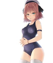 Rule 34 | 1girl, alternate costume, armband, bare shoulders, blue eyes, blue one-piece swimsuit, blush, breasts, brown hair, candy, closed mouth, collarbone, commentary request, covered erect nipples, covered navel, cowboy shot, fingers together, food, hachijou (kancolle), hair between eyes, hair ribbon, hat, holding, holding food, kantai collection, lollipop, looking at viewer, medium breasts, meth (emethmeth), mouth hold, name connection, one-piece swimsuit, ribbon, sailor hat, school swimsuit, short hair, simple background, smile, solo, standing, swimsuit, thighhighs, white thighhighs, wristband