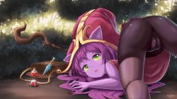Rule 34 | 1girl, all fours, animal ears, ass, bat (animal), bike shorts, black pantyhose, bottle, cameltoe, cat ears, colored skin, dagger, dress, ears through headwear, fallen down, forest, from behind, green eyes, hat, knife, league of legends, pantyhose under shorts, long hair, looking back, lulu (league of legends), nature, no tail, open mouth, outdoors, pantyhose, potion, purple hair, purple skin, shorts, sleeveless, sleeveless dress, solo, staff, top-down bottom-up, tree, weapon, witch hat, z - chcrghan