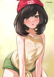 Rule 34 | 1girl, absurdres, bare arms, beanie, blush, commentary request, creatures (company), eyelashes, game freak, green shorts, grey eyes, half-closed eyes, hat, highres, looking at viewer, nintendo, norza, pokemon, pokemon sm, red hat, selene (pokemon), shirt, shorts, signature, sleeveless, sleeveless shirt, solo, sweat, tied shirt, yellow shirt