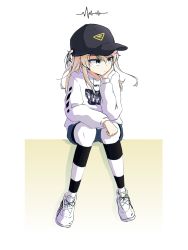 Rule 34 | 1girl, bad id, bad pixiv id, baseball cap, black hat, black pantyhose, blue shorts, brown eyes, casual, closed mouth, commentary request, cross-laced footwear, drawstring, full body, girls und panzer, hat, head rest, highres, kiroshi, korean commentary, light brown hair, light frown, long hair, long sleeves, looking to the side, pantyhose, pantyhose under shorts, print headwear, print sweater, shadow, shimada arisu, shoes, short shorts, shorts, sitting, sneakers, solo, squiggle, striped clothes, striped pantyhose, sweater, white footwear, white sweater
