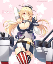 Rule 34 | 10s, 1girl, blonde hair, blush, breasts, character name, cleavage, garter straps, gloves, hair between eyes, huyukaaki, iowa (kancolle), kantai collection, large breasts, long hair, looking at viewer, midriff, miniskirt, navel, one eye closed, skirt, smile, solo, star-shaped pupils, star (symbol), symbol-shaped pupils, thighhighs, tongue, tongue out, twitter username, v-shaped eyebrows, zettai ryouiki