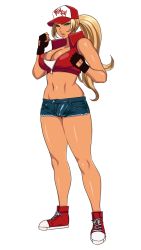 Rule 34 | 1girl, bare shoulders, baseball cap, blonde hair, blue eyes, breasts, bulge, cleavage, fatal fury, fingerless gloves, futanari, genderswap, gloves, hat, jacket, large breasts, long hair, matoyama, navel, newhalf, open clothes, open jacket, ponytail, shoes, sneakers, snk heroines: tag team frenzy, solo, terry bogard, the king of fighters