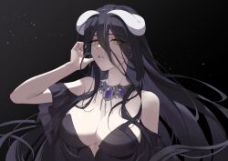Rule 34 | 1girl, absurdres, albedo (overlord), black background, black dress, black hair, blonde hair, breasts, cleavage, cleavage cutout, clothing cutout, demon girl, demon horns, dress, gold necklace, highres, horns, jewelry, large breasts, long bangs, long hair, looking at viewer, necklace, overlord (maruyama), parted lips, seizou hidzuke, sidelocks, solo, strapless, strapless dress, teeth, upper body