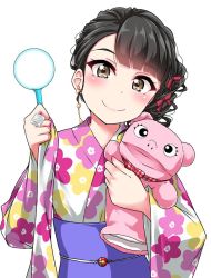 Rule 34 | 1girl, black eyes, black hair, blush, bow, commentary request, earrings, floral print, hair bow, hand puppet, holding, holding stuffed toy, japanese clothes, jewelry, kimono, kobayashi aika, long sleeves, looking at viewer, obi, photo-referenced, poi (goldfish scoop), puppet, real life, red bow, ring, sash, side ponytail, simple background, smile, solo, stuffed animal, stuffed pig, stuffed toy, upper body, voice actor, white background, wide sleeves, yopparai oni