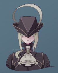 Rule 34 | 1girl, ascot, black coat, black hat, bloodborne, blue background, coat, commentary, cropped shoulders, feathers, gem, green eyes, hat, hat feather, highres, iccoco, lady maria of the astral clocktower, long hair, looking at viewer, ponytail, simple background, smile, solo, tricorne, upper body, white ascot