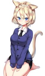 Rule 34 | 10s, 1girl, alternate hair length, alternate hairstyle, animal ears, bad id, bad twitter id, barefoot, bc freedom school uniform, black necktie, black skirt, blonde hair, blue eyes, blue sweater, blush, cardigan, cat ears, cat tail, closed mouth, commentary, dress shirt, frown, full body, girls und panzer, hands on lap, kemonomimi mode, long sleeves, looking at viewer, miniskirt, necktie, oshida (girls und panzer), pleated skirt, ponytail korosuke, school uniform, seiza, shirt, short hair, simple background, sitting, skirt, solo, sweater, tail, v arms, vest, white background, white shirt, wing collar
