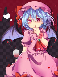 Rule 34 | 1girl, :3, ascot, bad id, bad pixiv id, bat wings, blood, blood in mouth, blue hair, glass, gradient hair, hat, heart, looking at viewer, mob cap, multicolored hair, petals, purple eyes, remilia scarlet, short hair, solo, touhou, uguisu mochi (ykss35), wind, wings, wrist cuffs