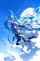 Rule 34 | 1girl, absurdly long hair, aqua eyes, aqua hair, aqua necktie, bare shoulders, black skirt, black sleeves, black thighhighs, cloud, commentary, crescent moon, detached sleeves, falling petals, feathers, floating hair, from side, full body, geometry, grey shirt, hair ornament, hatsune miku, headphones, headset, long hair, looking at viewer, midair, miniskirt, moon, natsusankinka07, necktie, open mouth, petals, piano print, pleated skirt, see-through, see-through sleeves, shirt, shoulder tattoo, skirt, sky, sleeveless, sleeveless shirt, smile, solo, star (sky), tattoo, thighhighs, twintails, very long hair, vocaloid, white feathers, zettai ryouiki