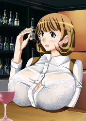 Rule 34 | 10s, 1girl, absurdres, black eyes, bra, bra visible through clothes, breasts, brown hair, cleavage, cup, drinking glass, hair ornament, hairclip, heart, heart hair ornament, highres, huge breasts, narusawa ryouka, occultic;nine, see-through, seraphina, short hair, solo, underwear, white bra, wine glass