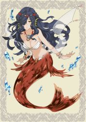 Rule 34 | 1girl, black hair, bracelet, breasts, cleavage, fins, fish tail, gj, hair ornament, hair over one eye, jewelry, large breasts, long hair, lots of jewelry, mermaid, monster girl, necklace, original, shell, shell bikini, solo, tail, water, yellow eyes