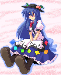 Rule 34 | 1girl, blue hair, blush, boots, cross-laced footwear, female focus, food, fruit, harukatron, hat, hinanawi tenshi, lace-up boots, long hair, peach, red eyes, sitting, solo, tears, touhou, v arms