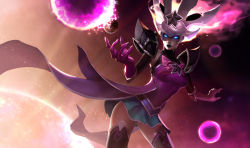 Rule 34 | 1girl, armor, blue eyes, bow, bowtie, breasts, comet, commentary, cowboy shot, dress, english commentary, gloves, glowing, glowing eyes, gradient background, green skirt, highres, large breasts, league of legends, leaning forward, pink bow, pink bowtie, pink dress, pink gloves, shoulder armor, skirt, solo, space, star (symbol), syndra, thighhighs, vladbacescu